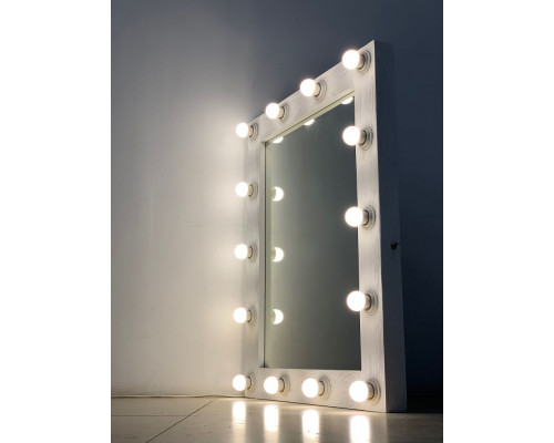 Гримерное зеркало 90x70 белого цвета с фактурой дерева 14 ламп